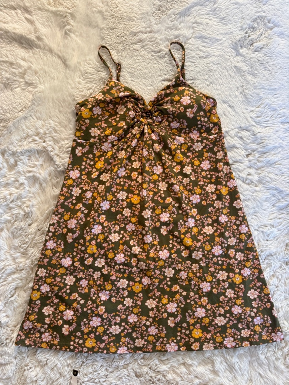 Floral Spaghetti Strap Summer Dress — Olive with Pink & Mustard Flowers